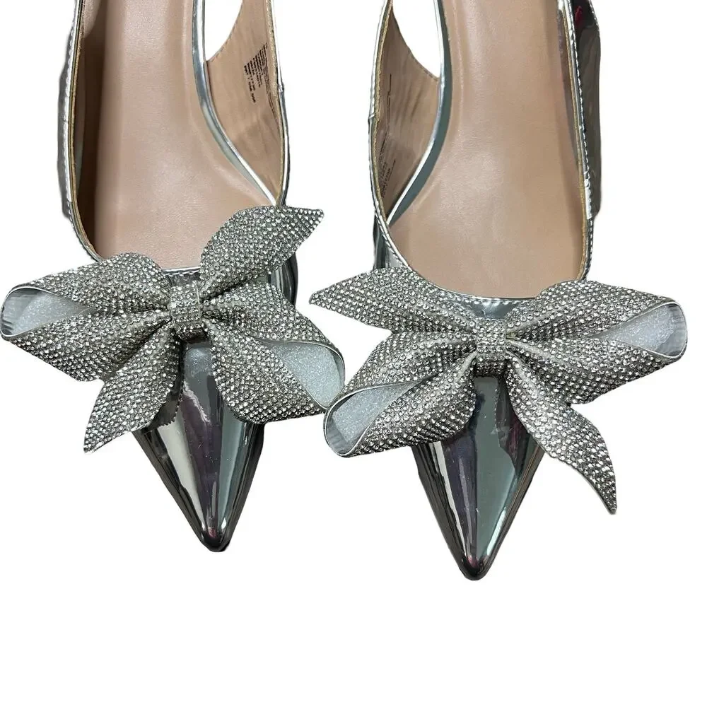 A NEW DAY Priscilla Rhinestone Bow Slingback Kitten Heels Silver - Picture 3 of 5